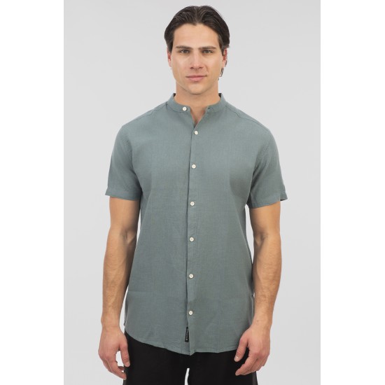 REBASE Shirts Linen Blend with Mao Collar and Short Sleeves 251RGS-5054 TEAL GREEN