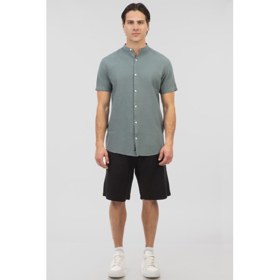 REBASE Shirts Linen Blend with Mao Collar and Short Sleeves 251RGS-5054 TEAL GREEN