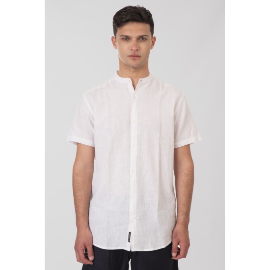 REBASE Shirts Linen Blend with Mao Collar and Short Sleeves 251RGS-5054 White